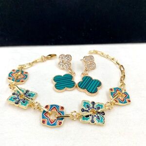 Boho chic red blue enameled tile bracelet floral sparkly clover dangle earrings